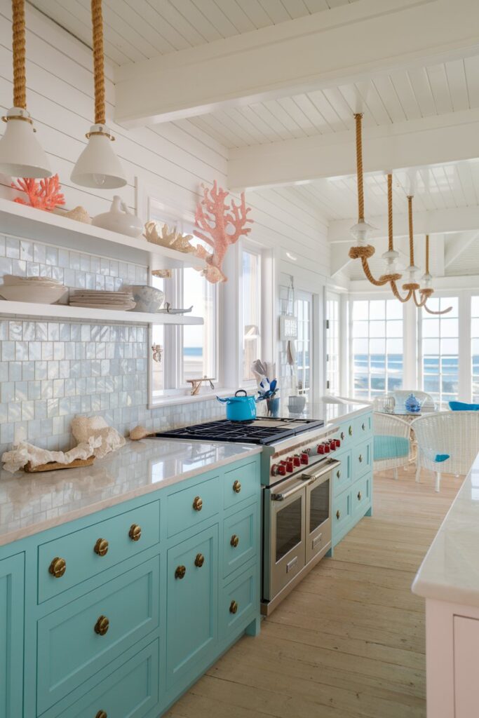 Bright Aqua Cabinets for a Coastal Kitchen Feel