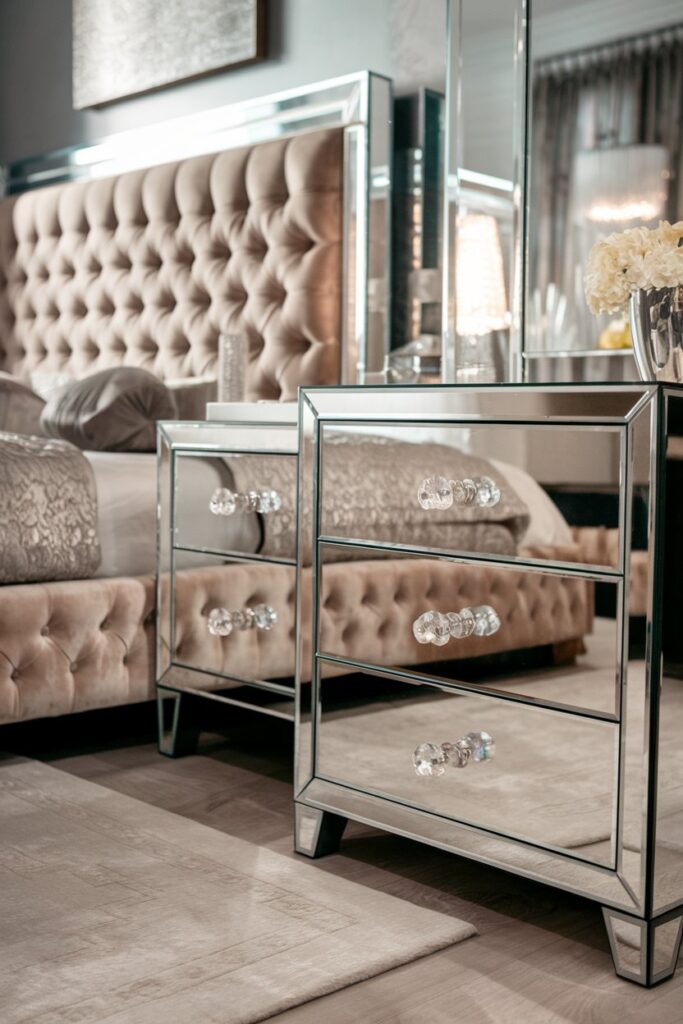 Master Bedroom with Mirrored Furniture Accents