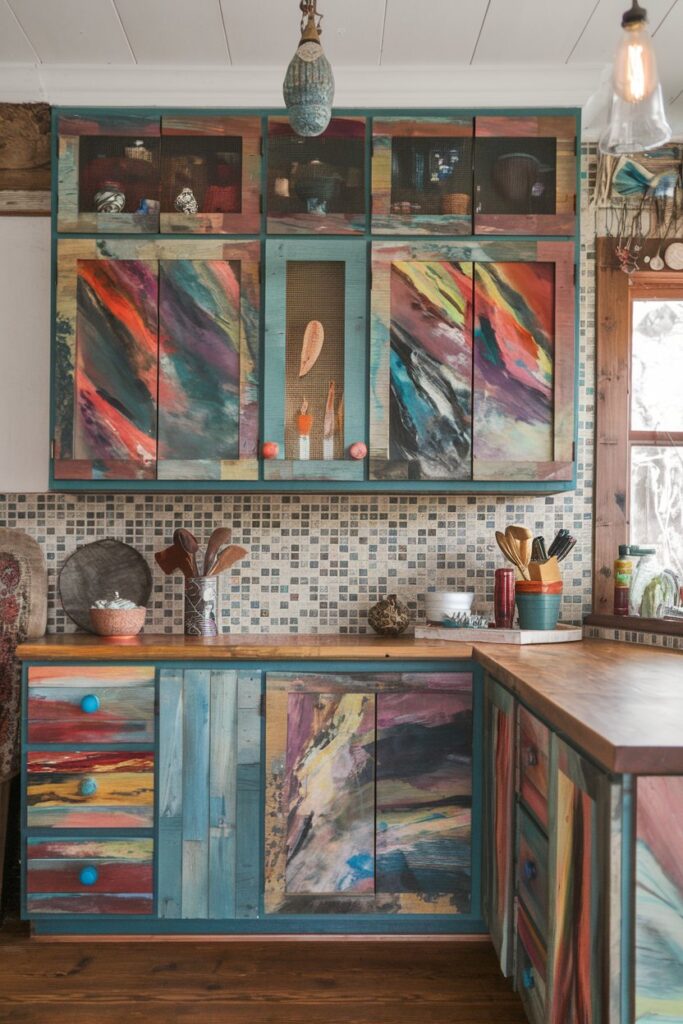 Custom Hand-Painted Cabinets with Mixed Colors