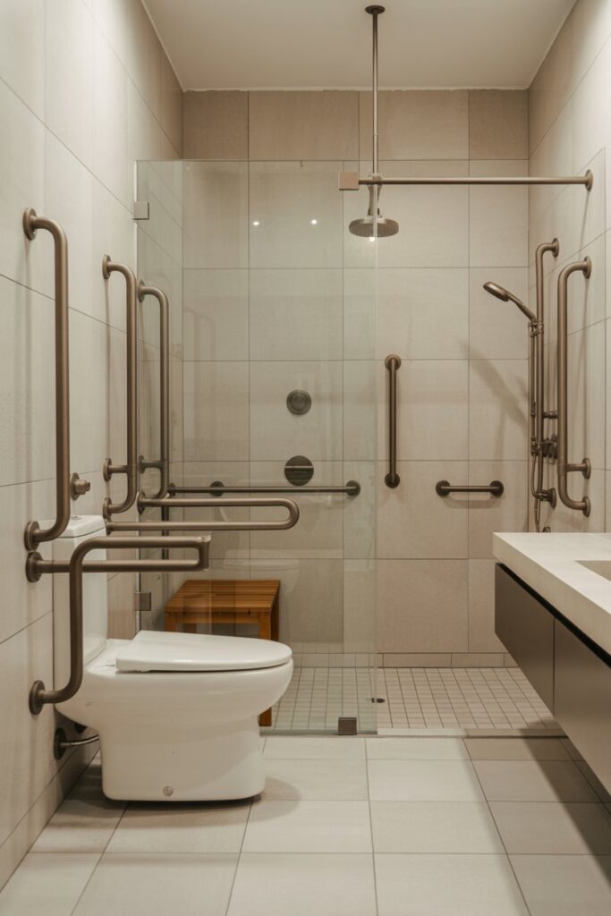 Strategically Placed Grab Bars Throughout the Bathroom