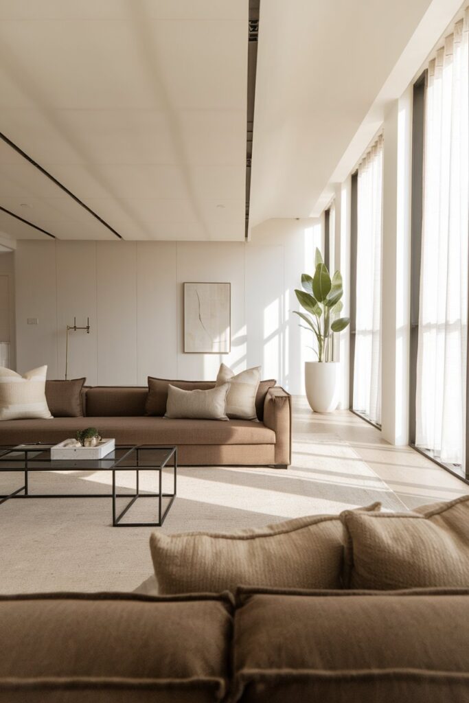 Modern Minimalist Living Room with a Brown Couch