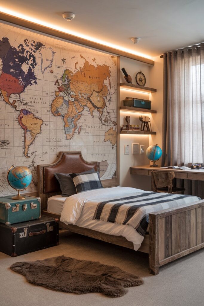 Adventure-Themed Bedroom with World Map Walls
