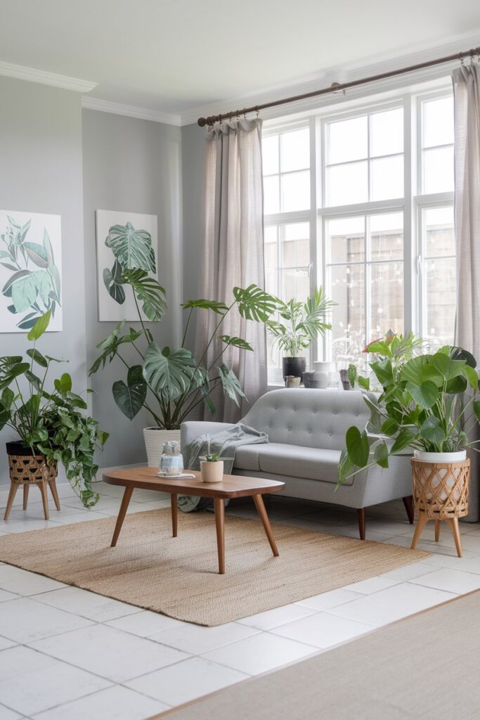 Grey and Green Living Room with Natural Plants