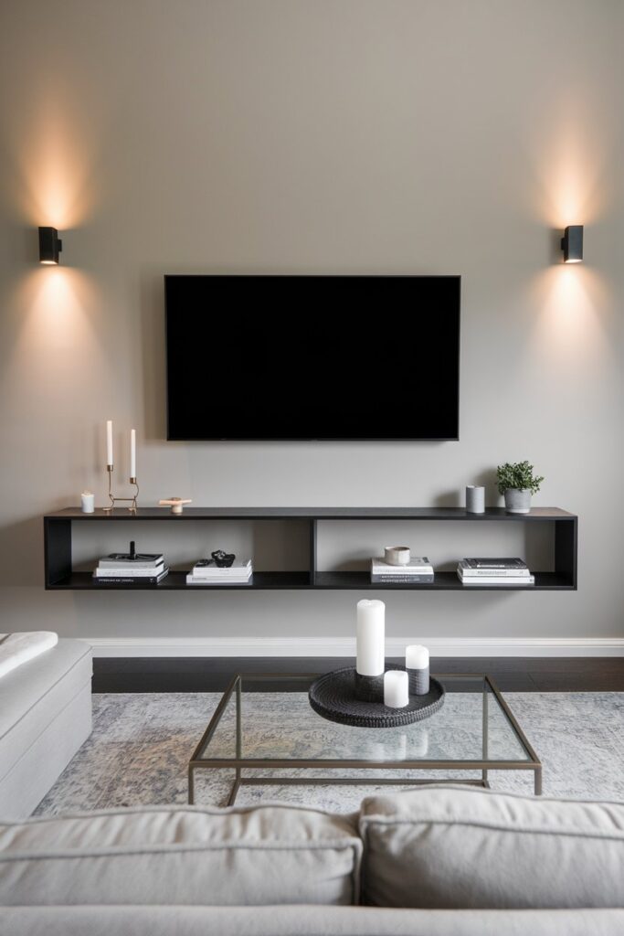 Wall-Mounted TV with Floating Shelf