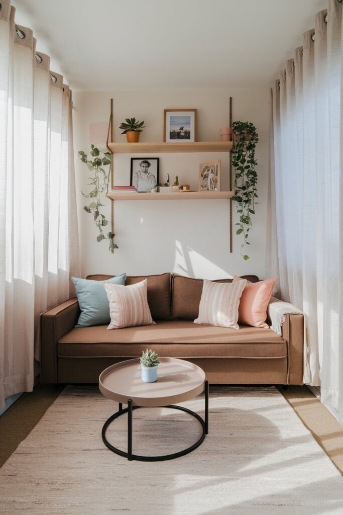 Small Space Living Room with a Compact Brown Sofa