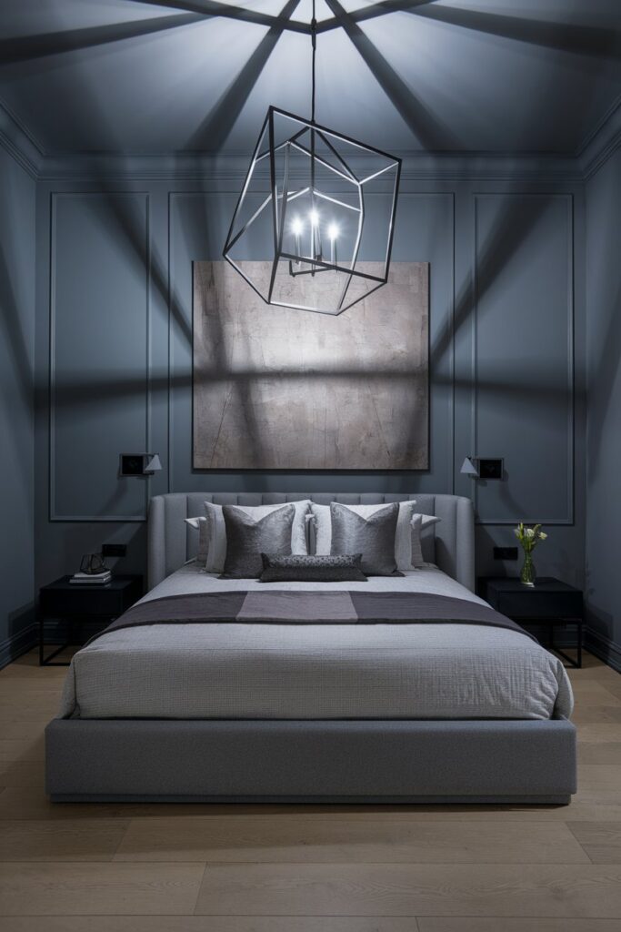 Grey Bedroom with Statement Lighting