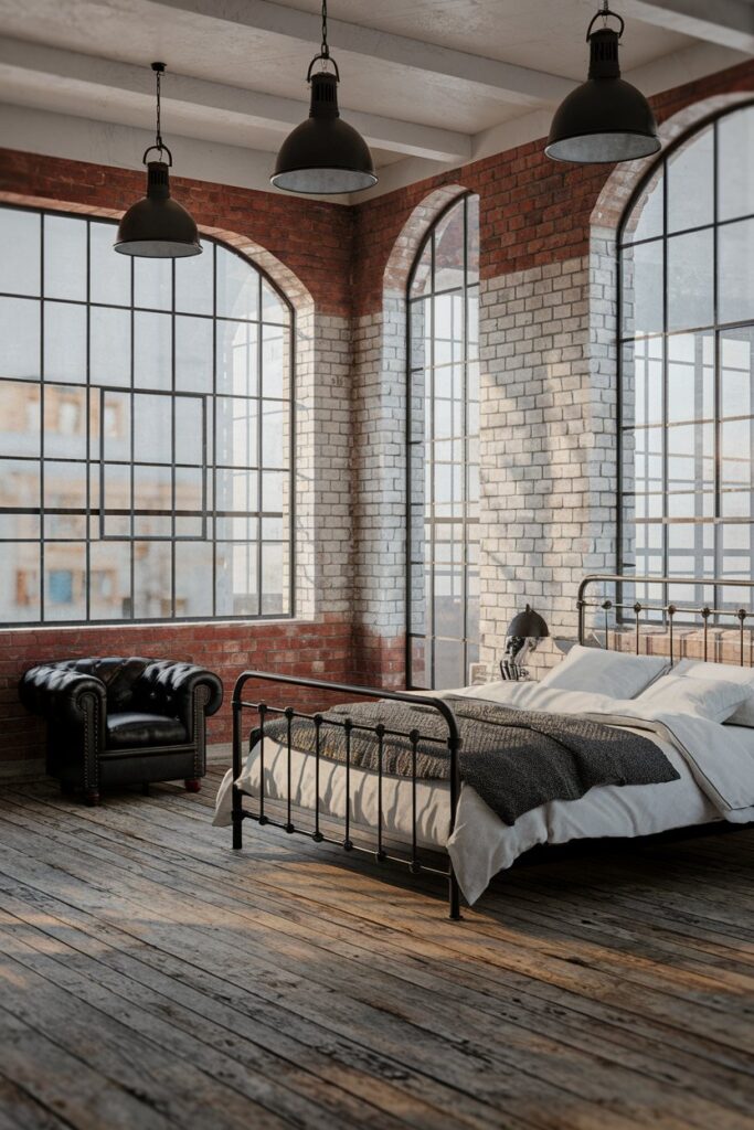 Industrial Black and White Bedroom with Exposed Brick