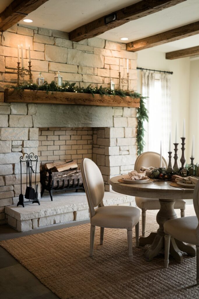 Cozy Farmhouse Dining Room with Fireplace