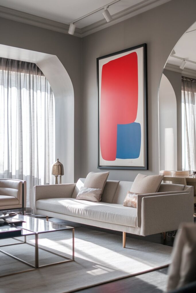 Grey Walls with Colorful Artwork for Contrast