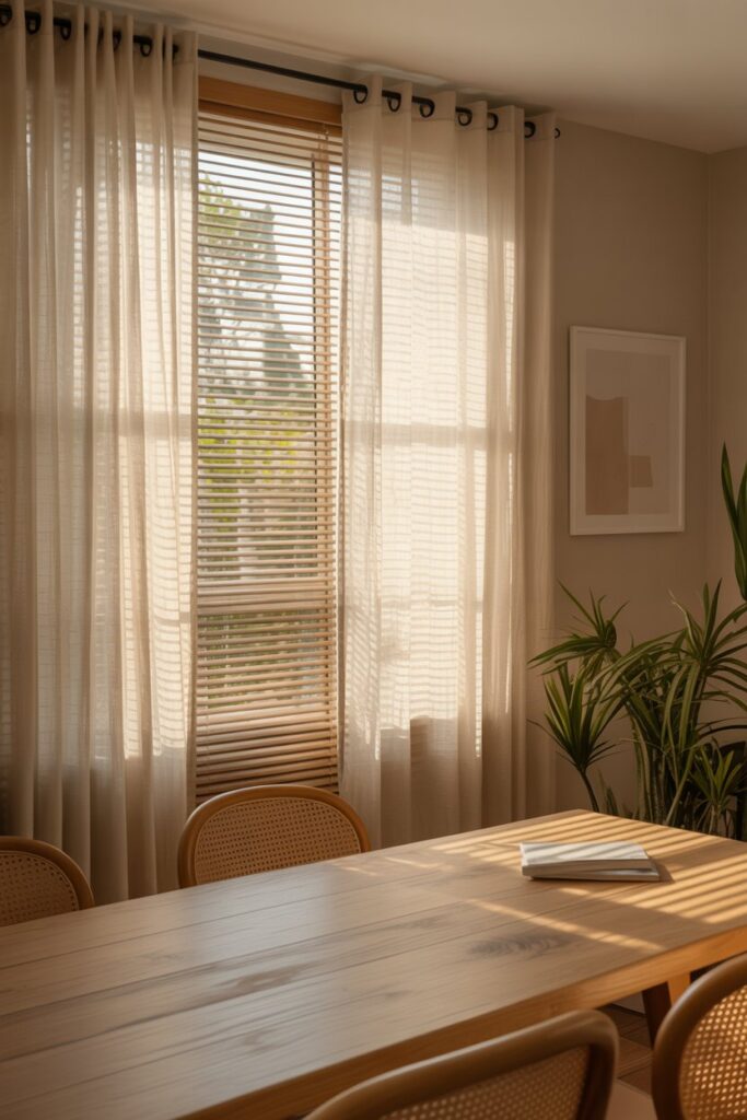 Sheer Curtains Paired with Wooden Blinds