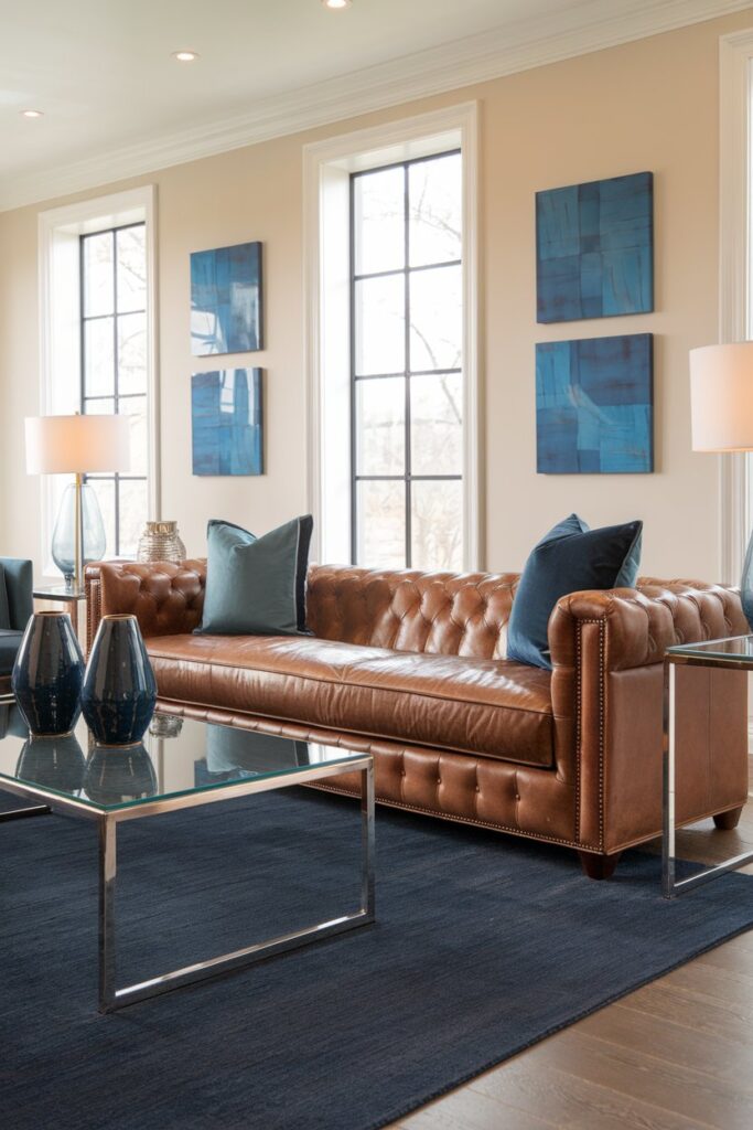 Brown Couch Paired with Blue Accents