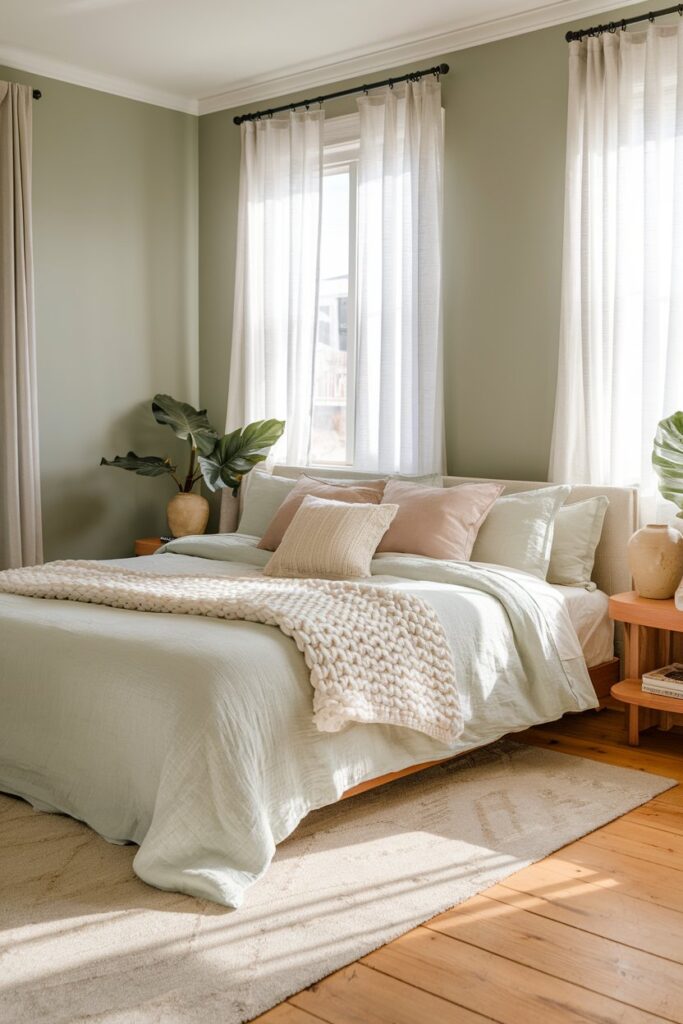 Green Bedroom with Natural Wood Flooring