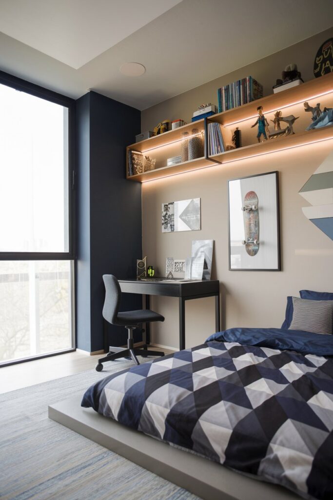 Modern Tween Bedroom with Floating Shelves