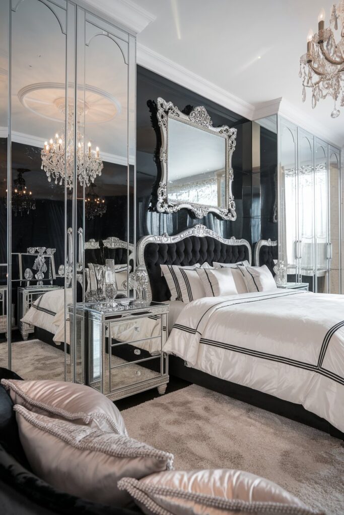 Glamorous Black and White Bedroom with Mirrors