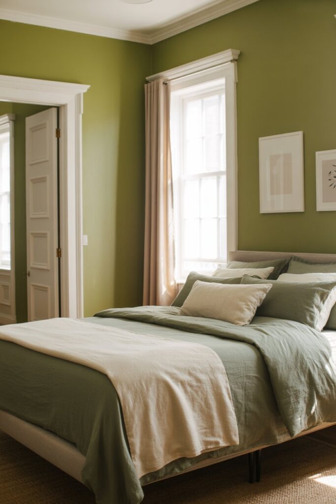 Green Bedroom with White Trim