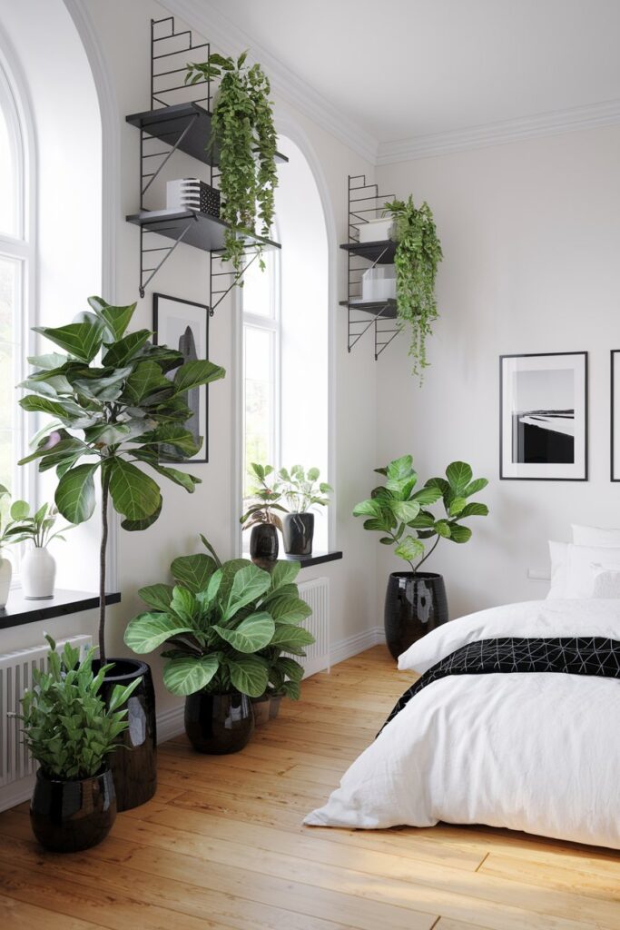 Black and White Bedroom with Pops of Greenery