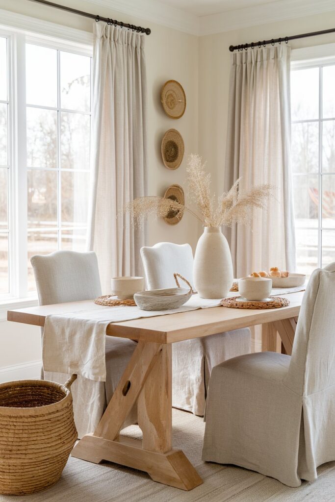 Neutral Farmhouse Dining Room with Soft Linen Textures