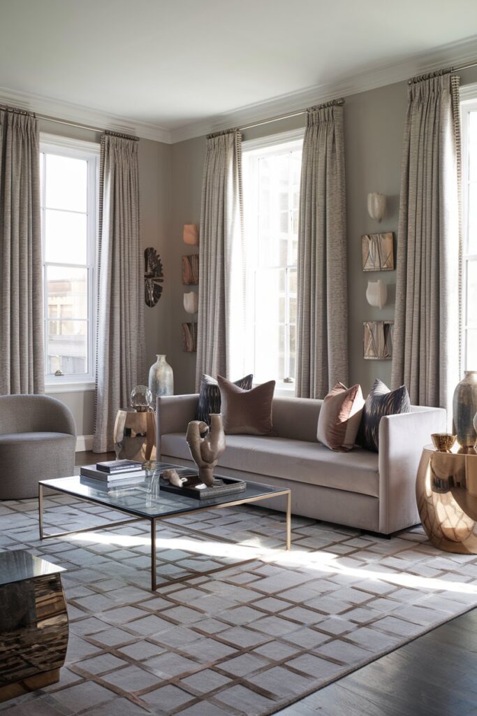 Grey Living Room with Patterned Rugs for Texture