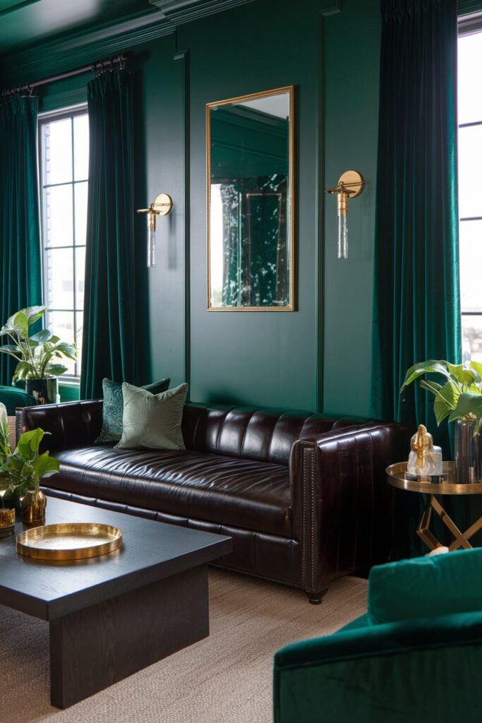 Bold Green Walls with a Brown Couch for a Luxe Feel