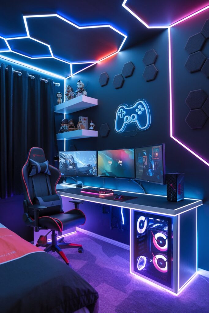 Gamer’s Paradise Bedroom with LED Lighting Setup