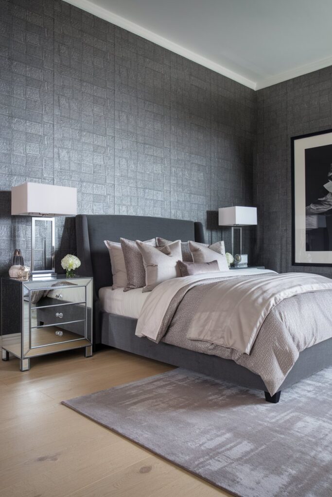 Grey Bedroom with Textured Wallpaper