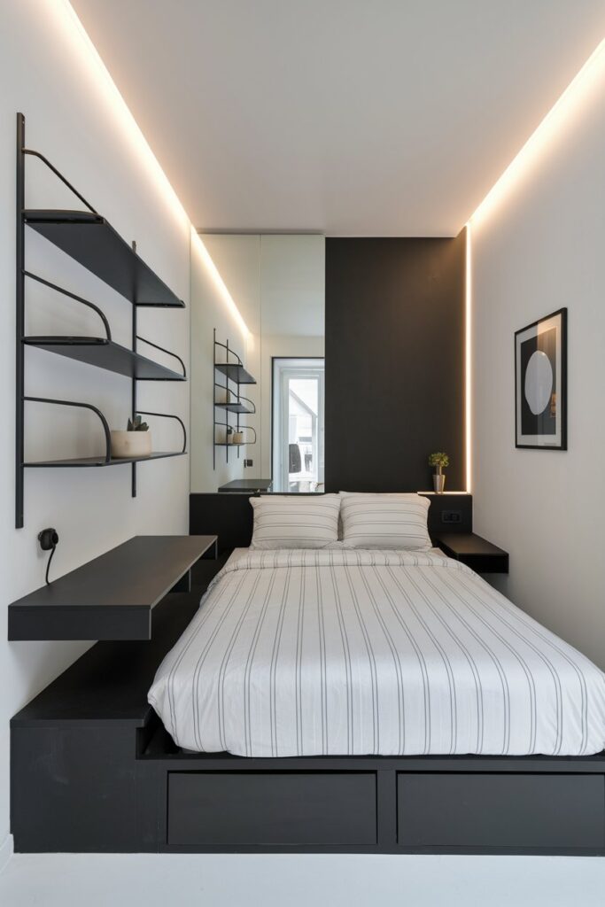 Small Black and White Bedroom with Space-Saving Design