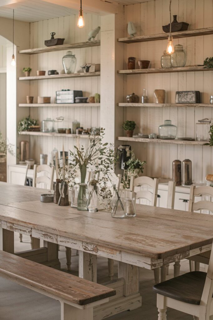 Farmhouse Dining Room with Distressed Wood Furniture