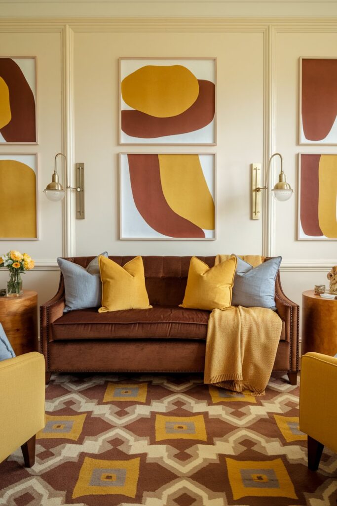 Brown Couch with Mustard Yellow Accents for Warmth