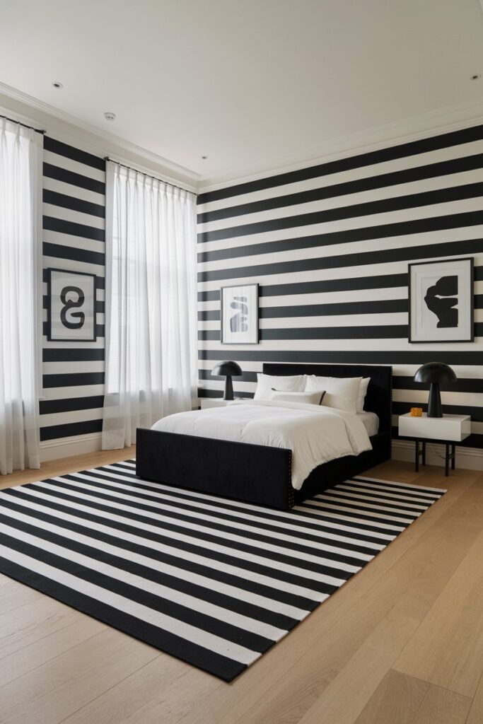 Black and White Bedroom with Striped Walls or Rugs