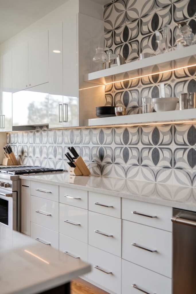 White Kitchen with Patterned Tile Backsplash