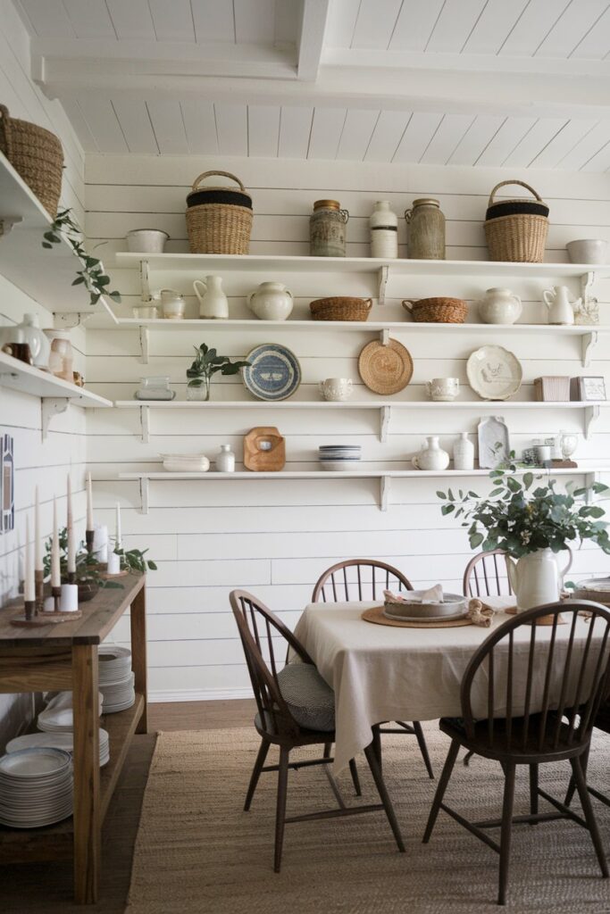 Farmhouse Dining Room Featuring Open Shelving Displays