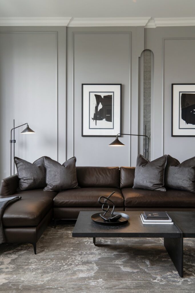 Brown Sofa with Grey Decor for Modern Balance