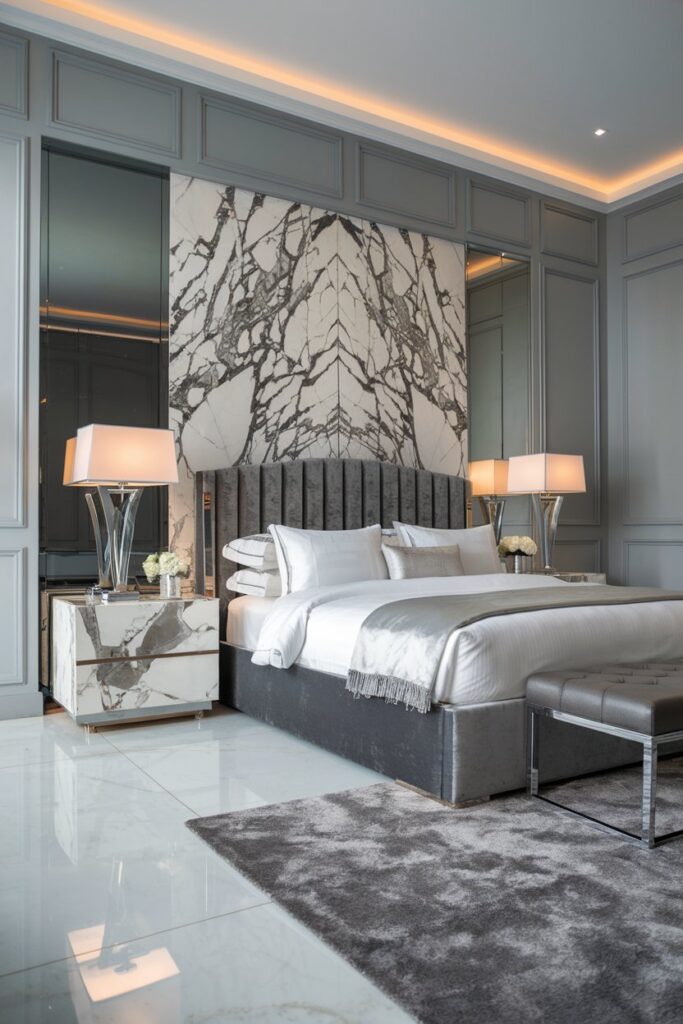 Grey Bedroom with Marble Accents