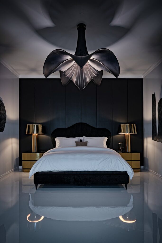 Black and White Bedroom with Statement Lighting Fixtures