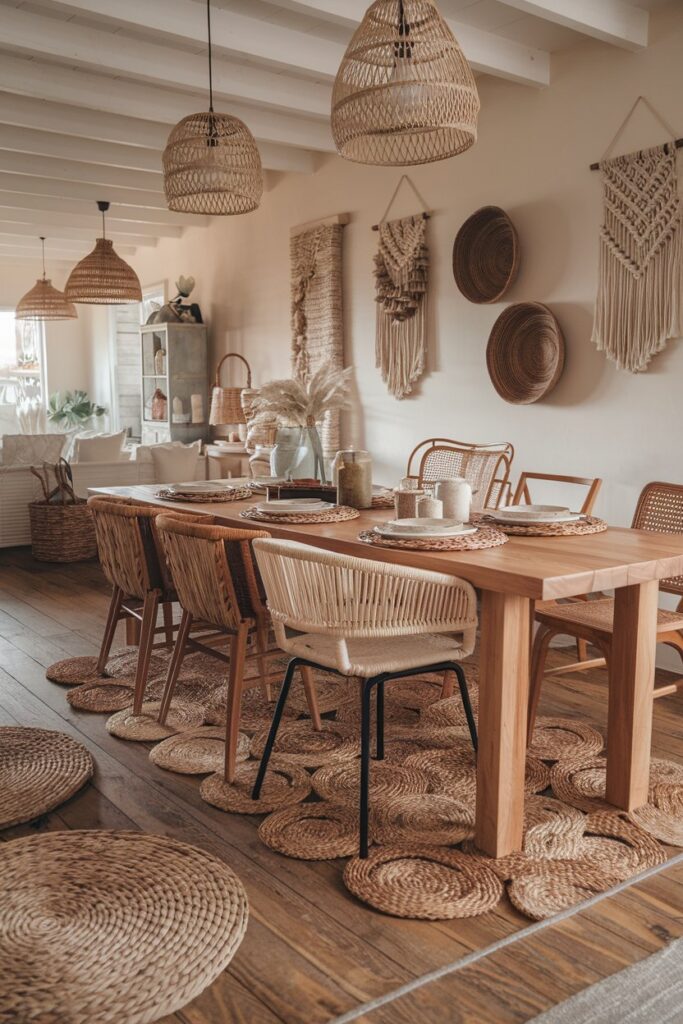 Farmhouse Dining Room with Woven Rugs and Natural Fibers