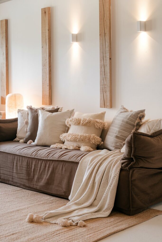 White and Brown Living Room with Cozy Throws and Pillows