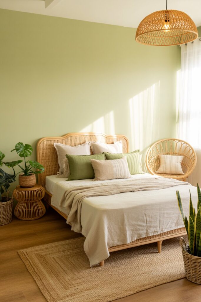 Green Bedroom with Rattan Furniture