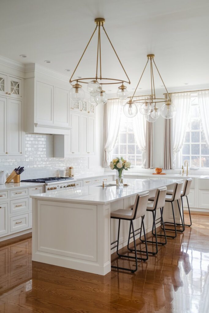 White Kitchen with Statement Lighting Fixtures