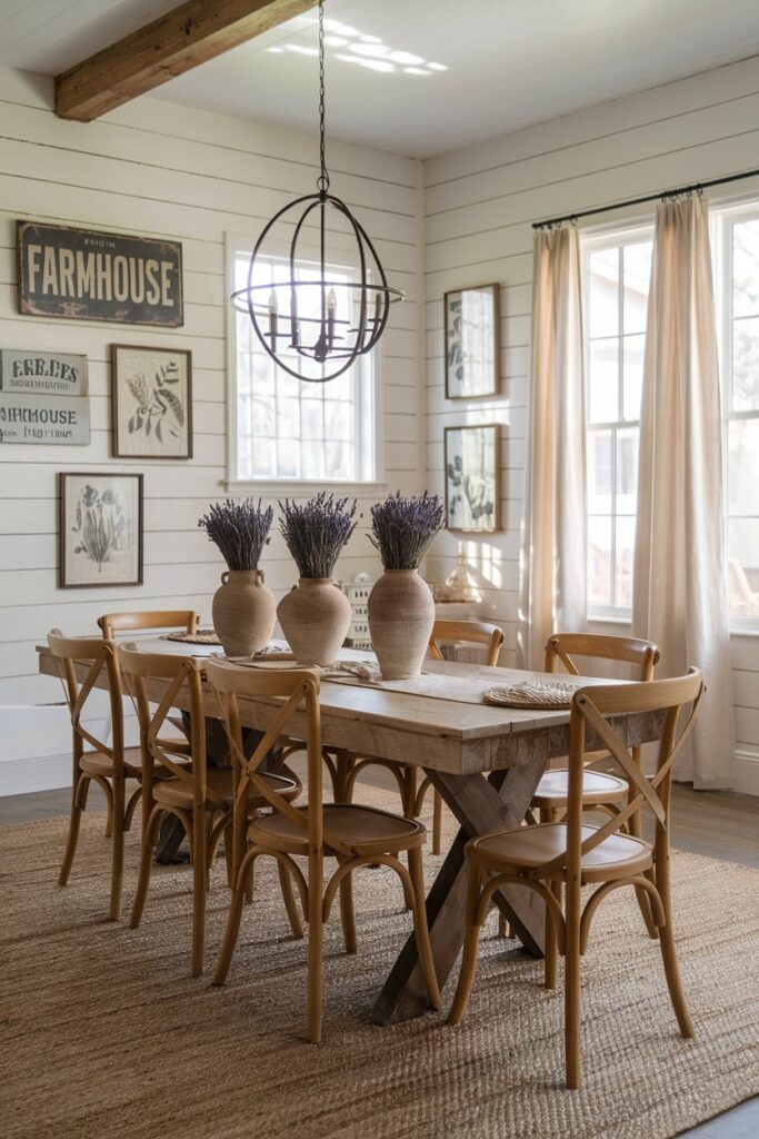 Farmhouse Dining Room with Iron Light Fixtures