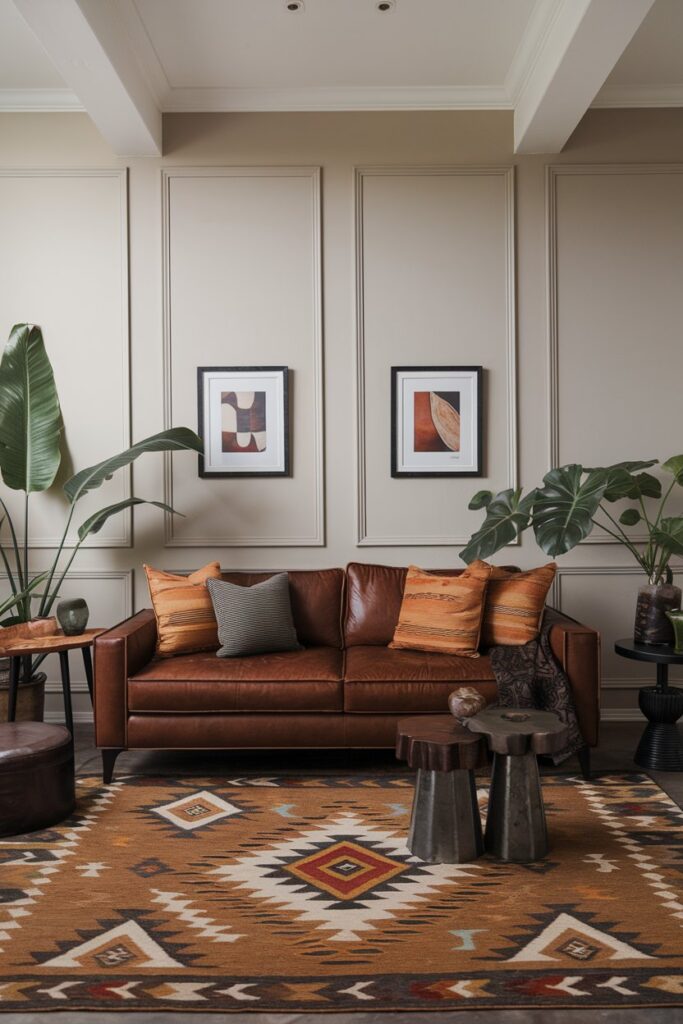 Brown Couch with Patterned Rug for Extra Style