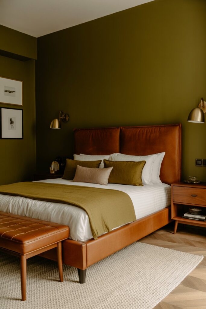 Olive Green Bedroom with Leather Accents
