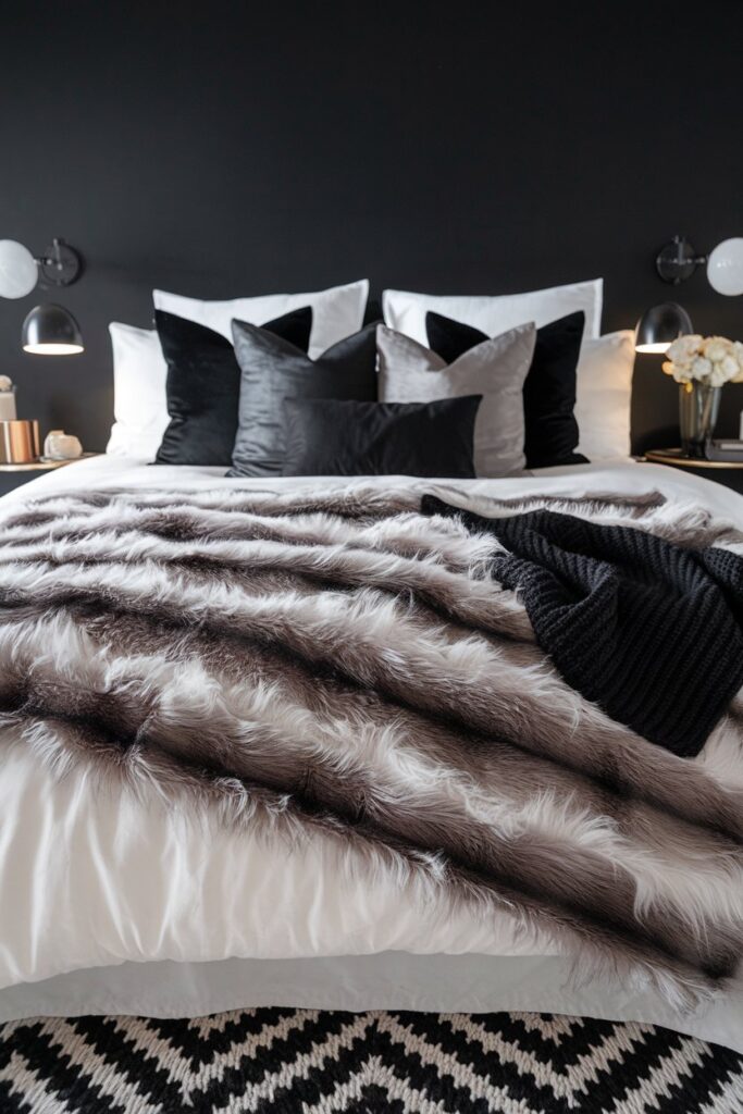 Black and White Bedroom with Cozy Textiles