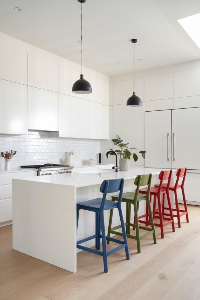 White Kitchen with Bold Bar Stools