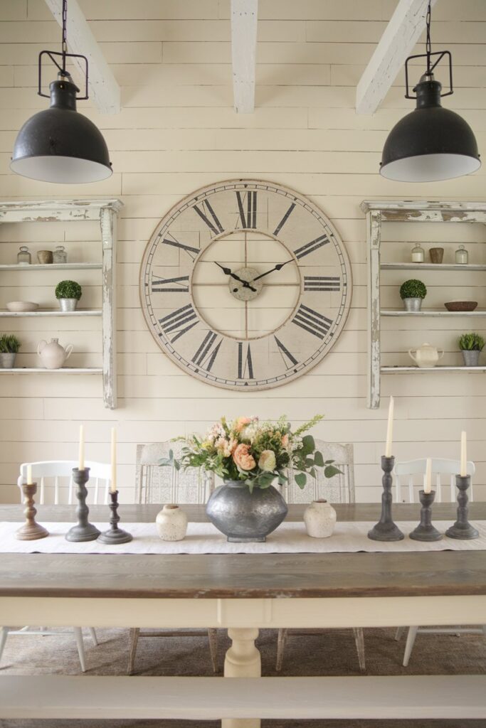 Farmhouse Dining Room with a Large Statement Clock