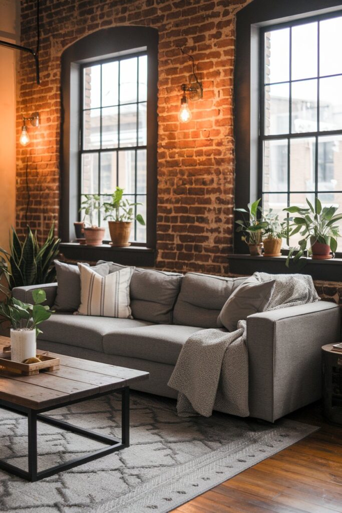 Grey Living Room with Exposed Brick Walls