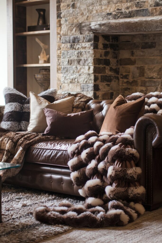 Layered Textures – Leather Sofa with Fur Throws and Knit Blankets