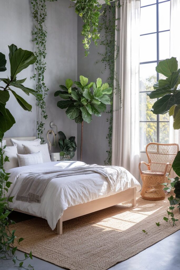 Grey Bedroom with Green Plants