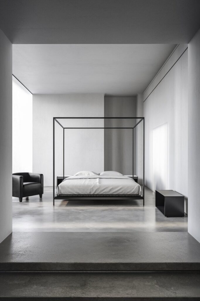 Black and White Bedroom with Minimal Furniture