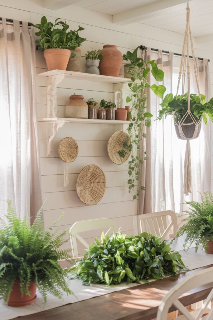 Farmhouse Dining Room with Fresh Greenery & Plants