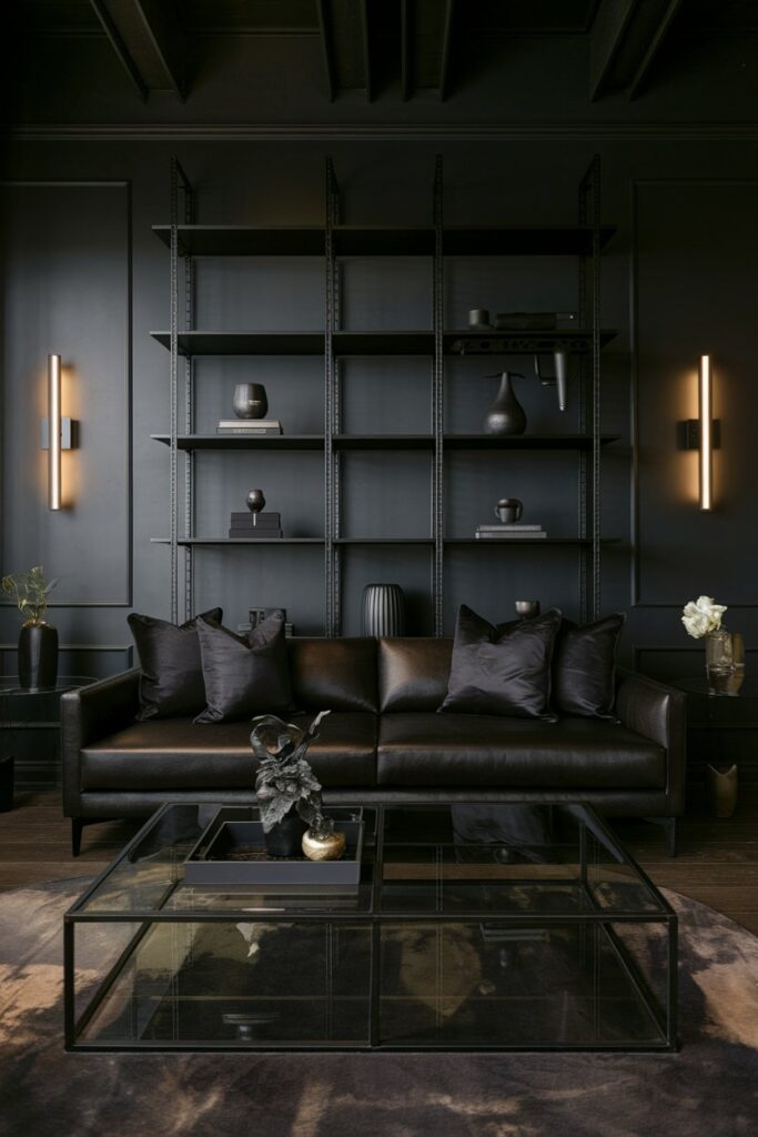Dark Brown Couch in a Moody Living Room with Black Accents